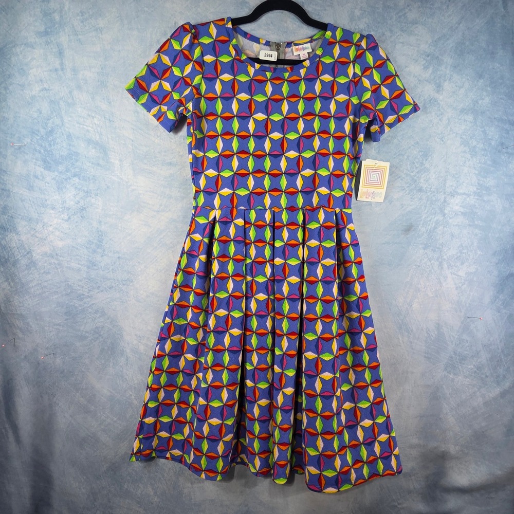 LuLaRoe Amelia Dress Womens Medium Blue Geometric Diamond Print Pleated Pockets